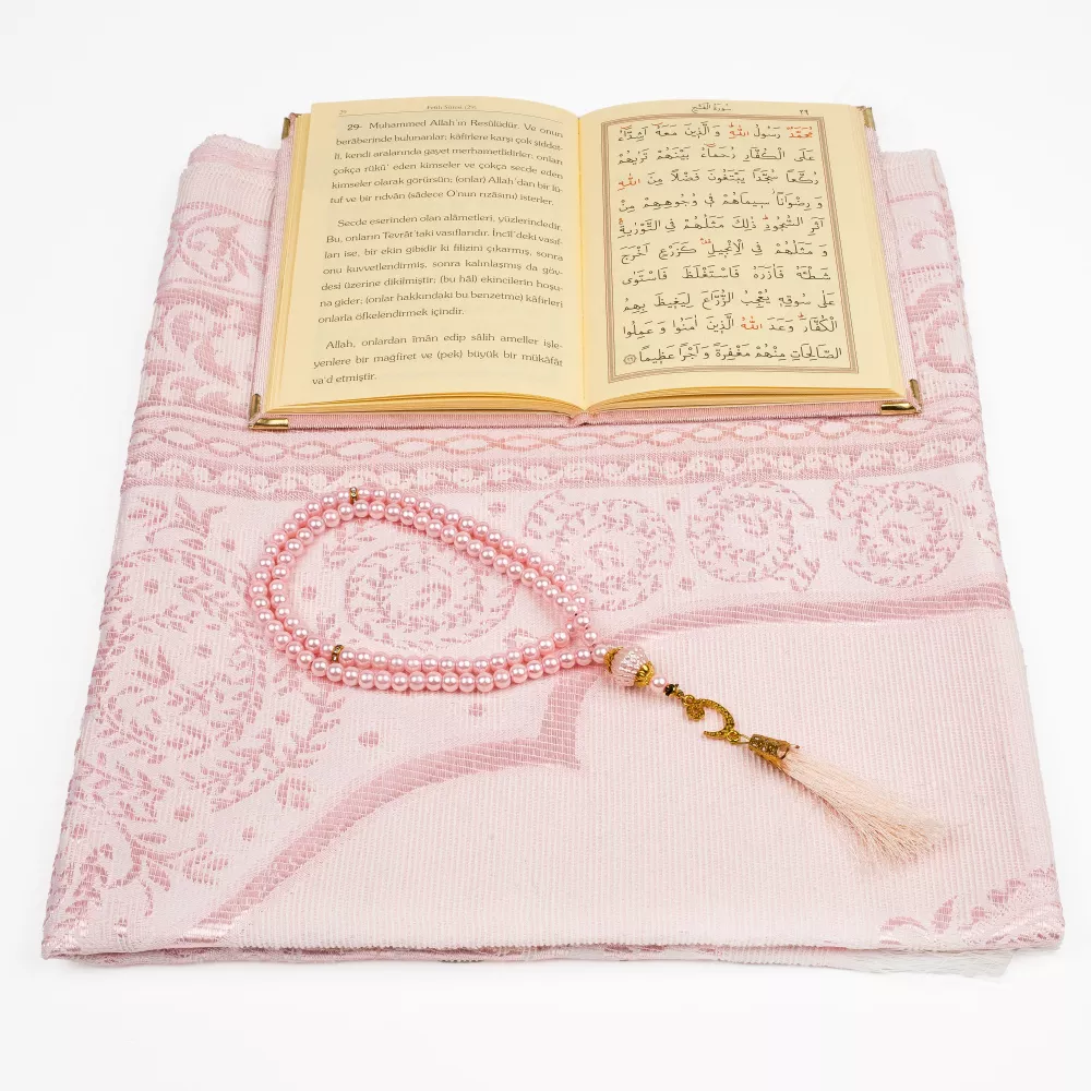 Prayer Mat + Salah Beads + Yasin Gift Set (Bag Size, Powder Pink)