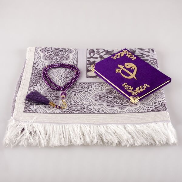 Prayer Mat + Salah Beads + Yasin Gift Set (Bag Size, Purple)