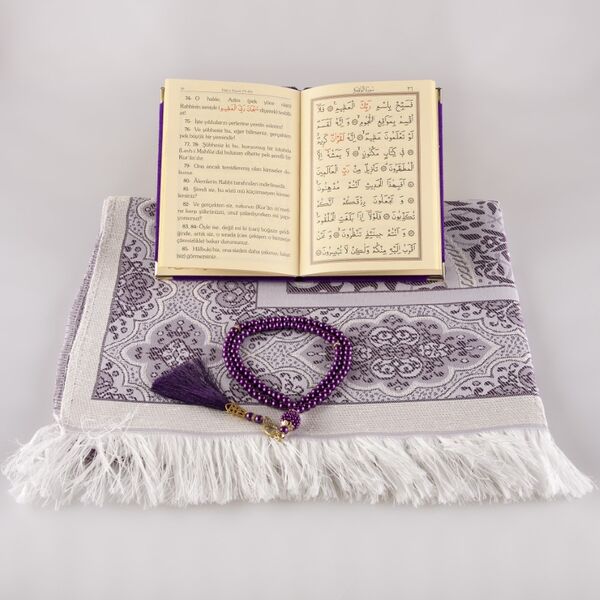 Prayer Mat + Salah Beads + Yasin Gift Set (Bag Size, Purple)