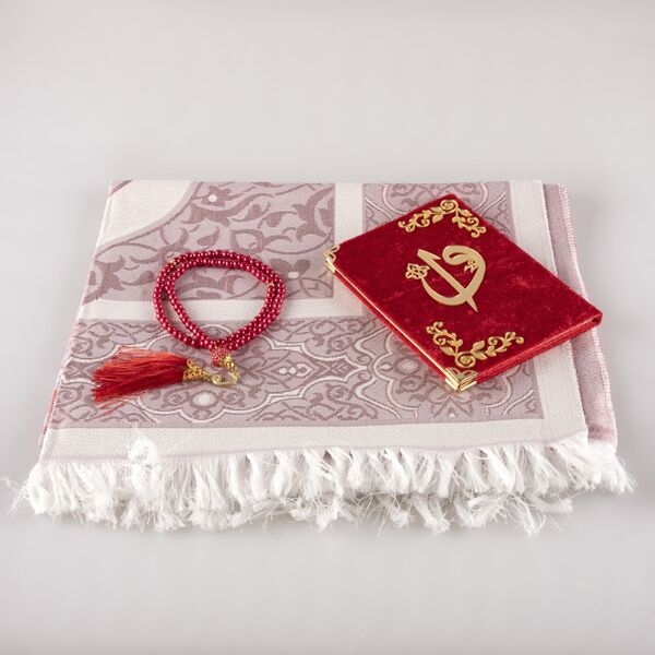 Prayer Mat + Salah Beads + Yasin Gift Set (Bag Size, Red)