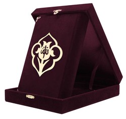 Qur'an Al-Kareem With Velvet Box (Pocket Size, Rose Figured, Maroon) - Thumbnail