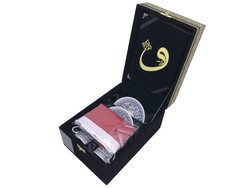 Qur'an-Flag-Cup Set (Kaaba Patterned, Black, Velvet Box) - Thumbnail