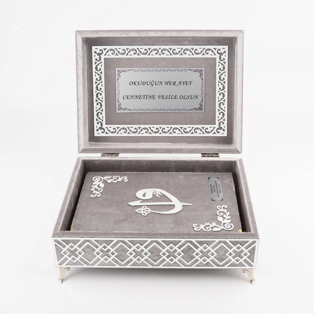 Raşel Kutulu Pleksi Desen Kuran-ı Kerim (Orta Boy, Gri)
