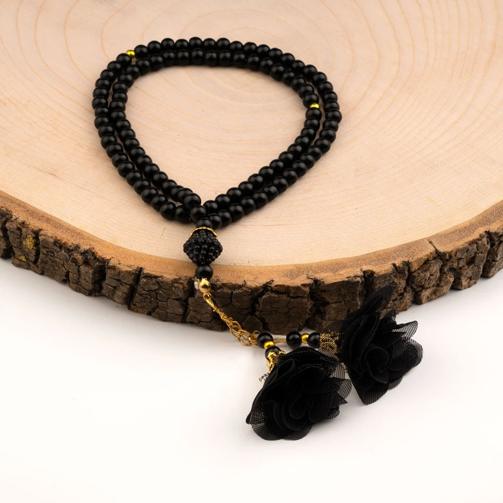 Rose Tasseled Salah Beads Black (99 Beads- 6mm)