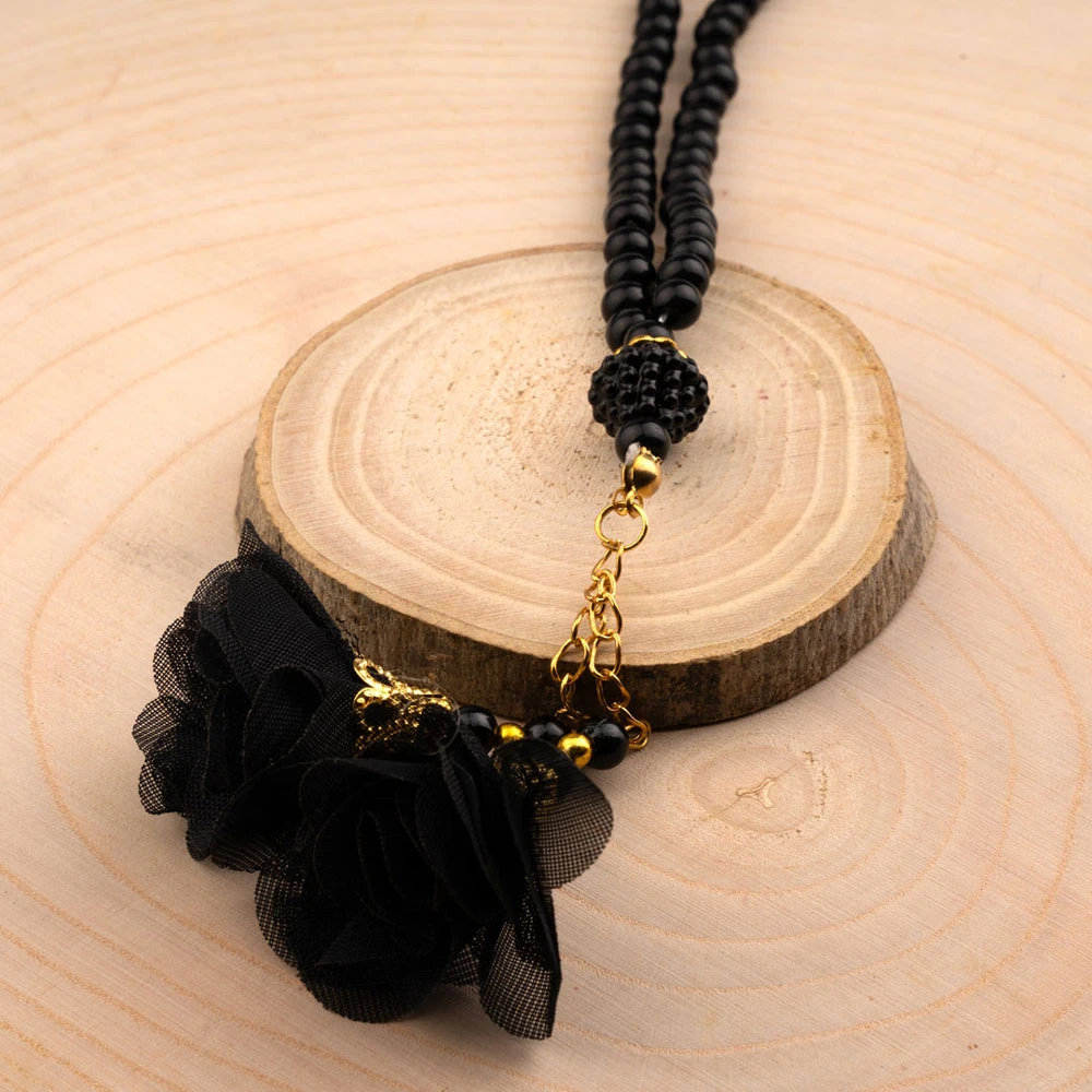 Rose Tasseled Salah Beads Black (99 Beads- 6mm) - Thumbnail