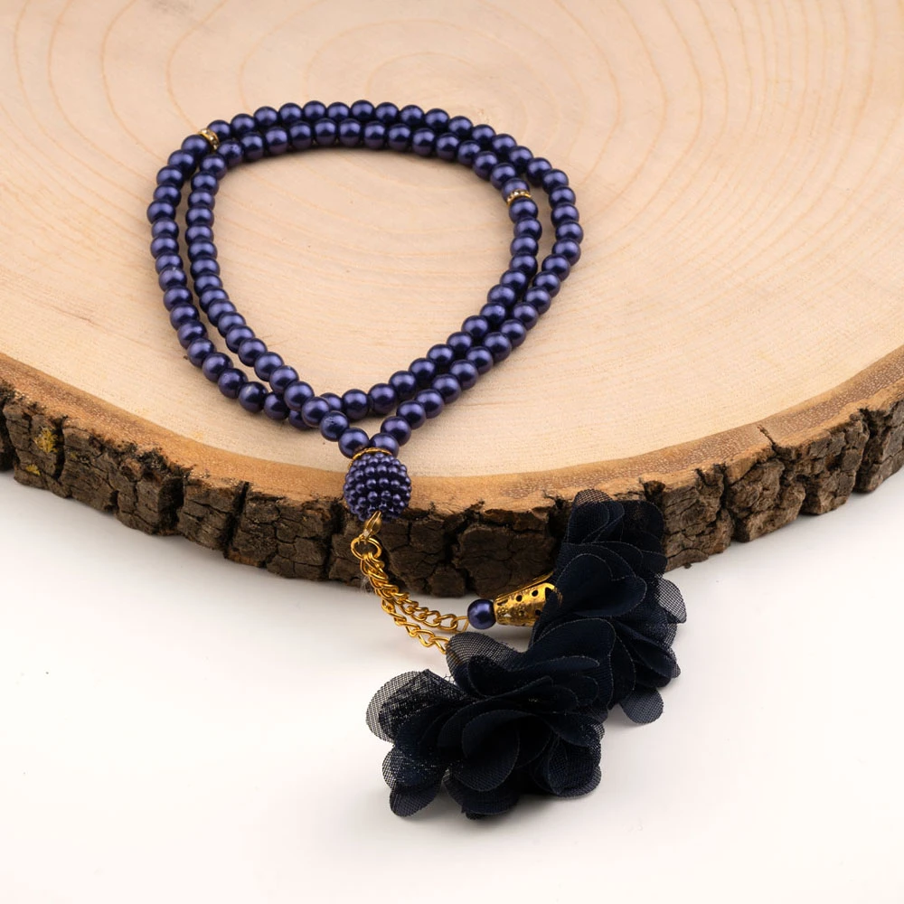 Rose Tasseled Salah Beads Silver Navy Blue (99 Beads- 6mm) - Thumbnail