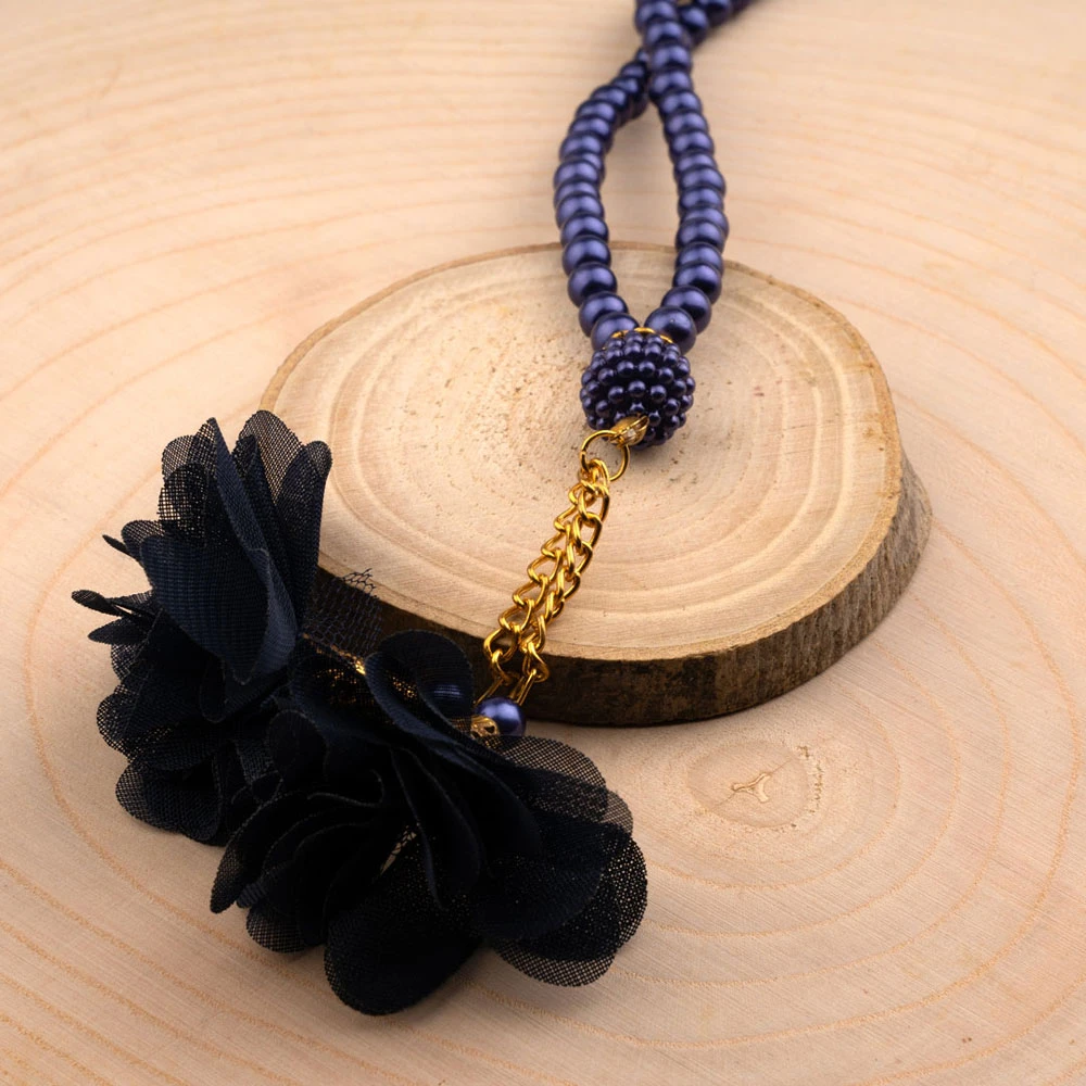 Rose Tasseled Salah Beads Silver Navy Blue (99 Beads- 6mm) - Thumbnail