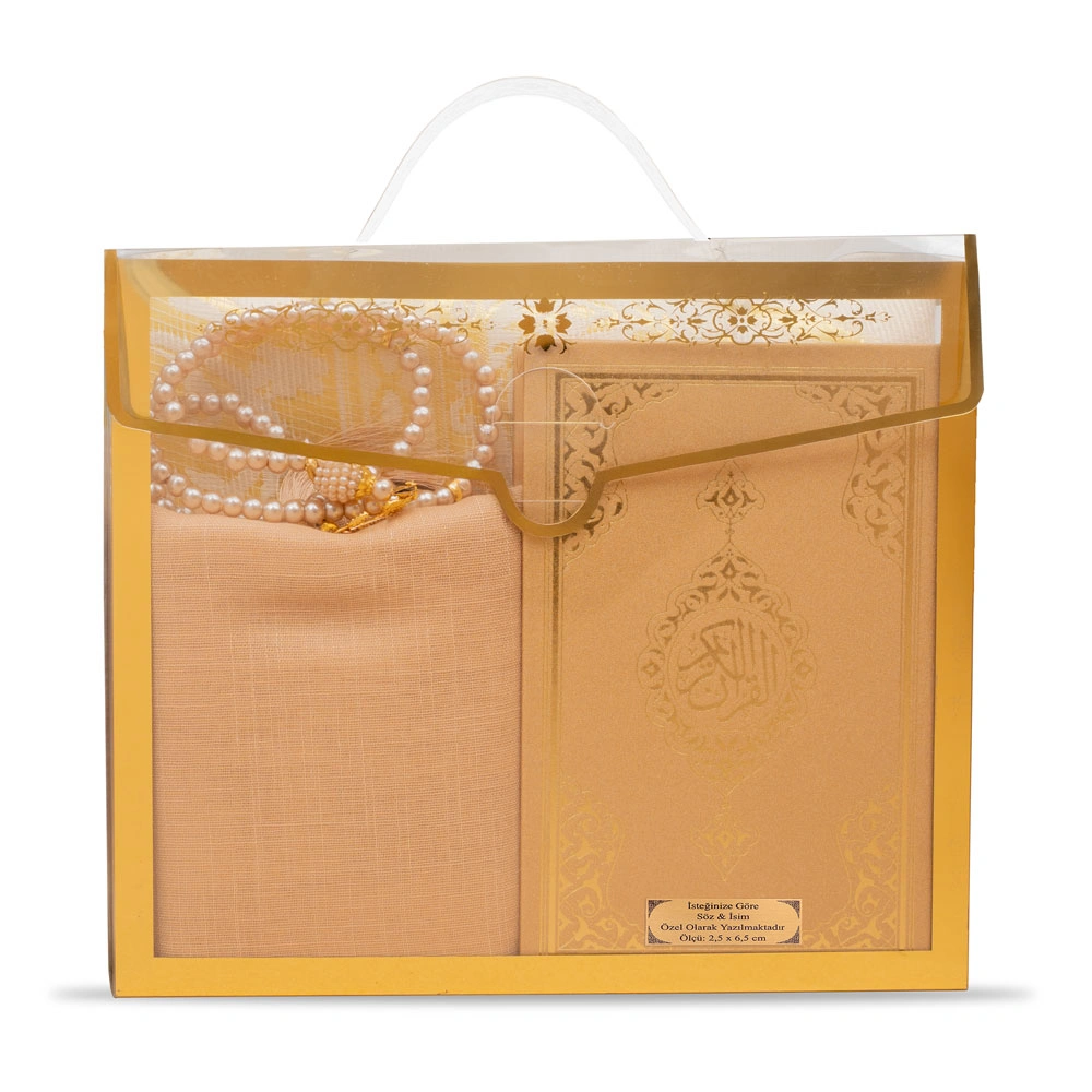 HAYRAT NEŞRİYAT - Şal + Seccade + Tesbih + Kuran Hediye Seti (Çanta Boy, Asetat Çanta, Gold)