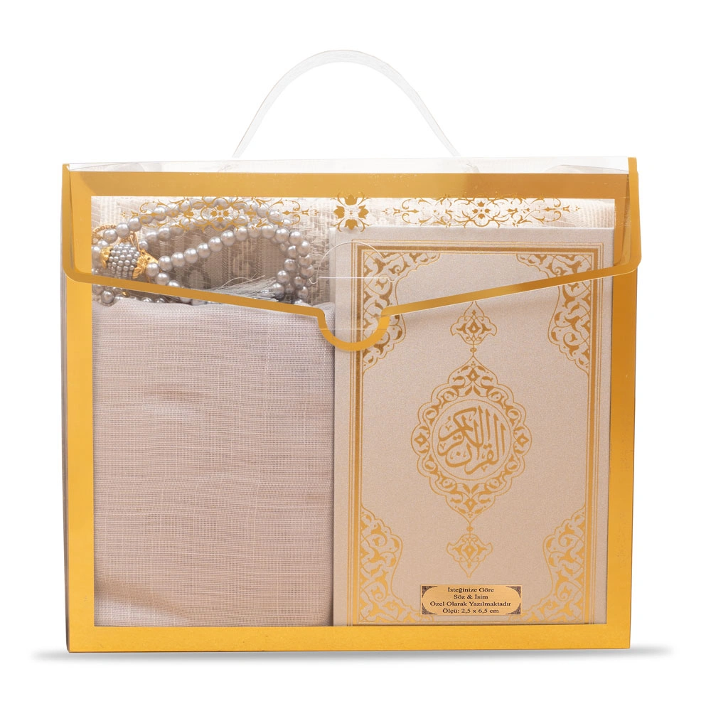 Şal + Seccade + Tesbih + Kuran Hediye Seti (Çanta Boy, Asetat Çanta, Gri)