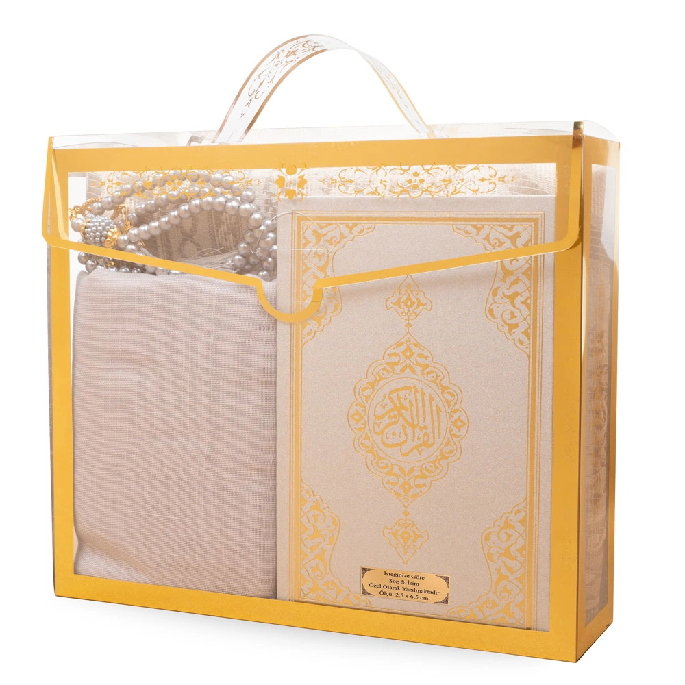 Şal + Seccade + Tesbih + Kuran Hediye Seti (Çanta Boy, Asetat Çanta, Gri)