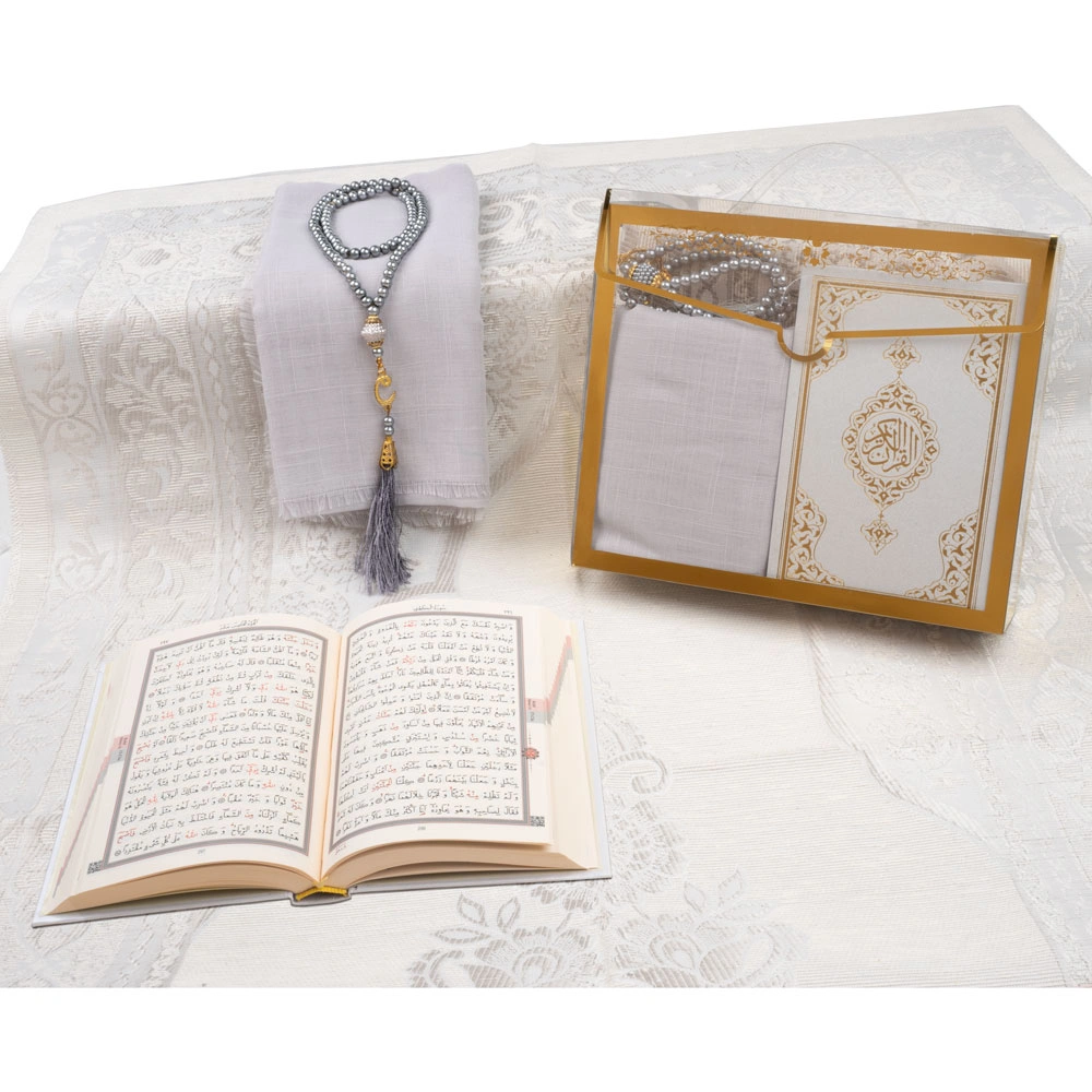 Şal + Seccade + Tesbih + Kuran Hediye Seti (Çanta Boy, Asetat Çanta, Gri) - Thumbnail