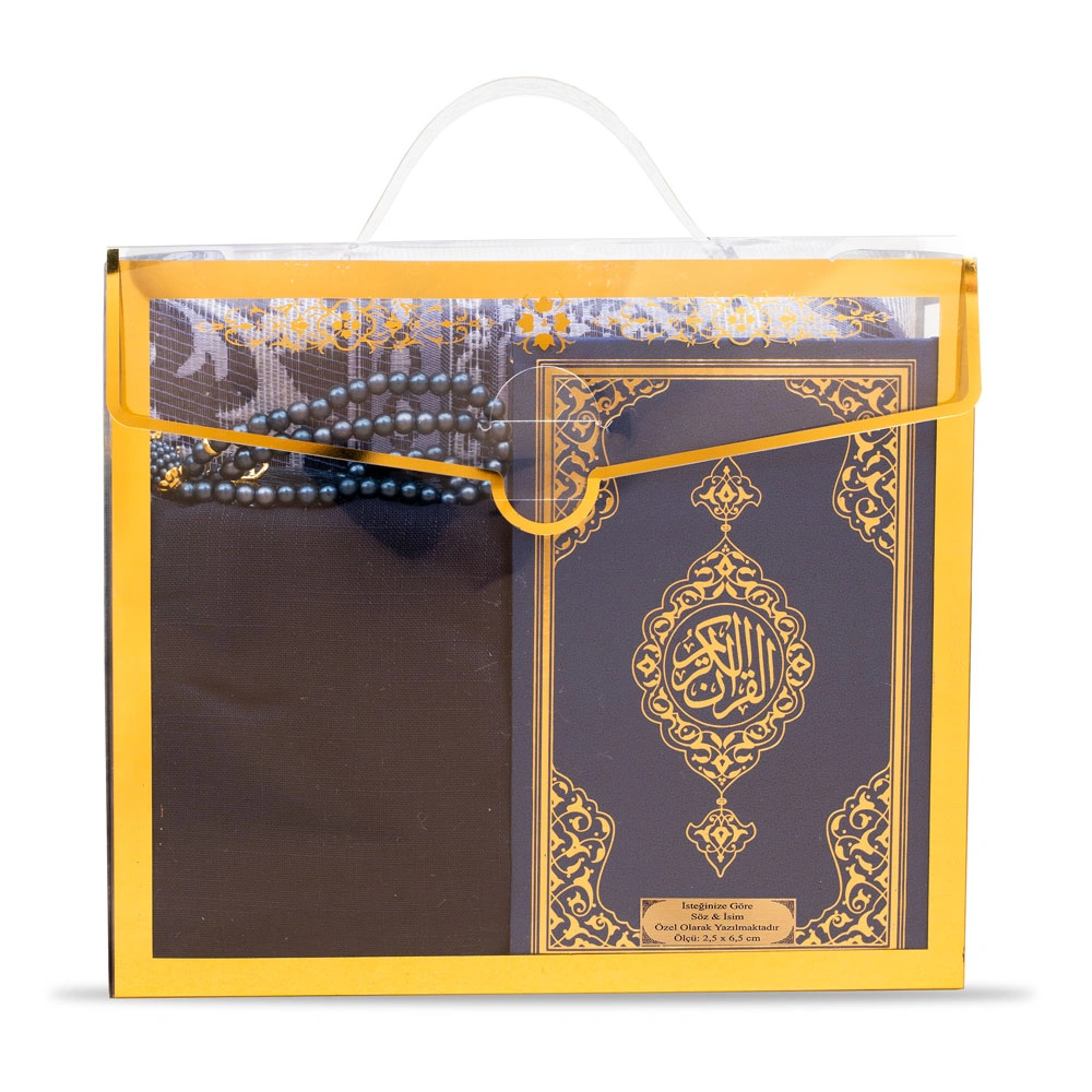 HAYRAT NEŞRİYAT - Şal + Seccade + Tesbih + Kuran Hediye Seti (Çanta Boy, Asetat Çanta, Lacivert)