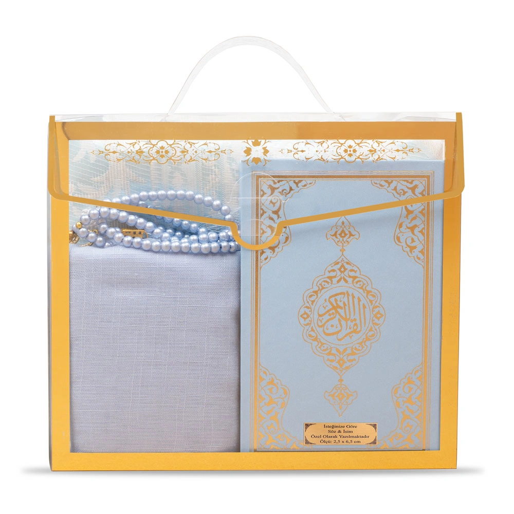 HAYRAT NEŞRİYAT - Şal + Seccade + Tesbih + Kuran Hediye Seti (Çanta Boy, Asetat Çanta, Mavi)