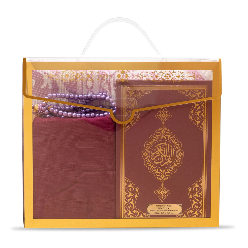 Şal + Seccade + Tesbih + Kuran Hediye Seti (Çanta Boy, Asetat Çanta, Mor)