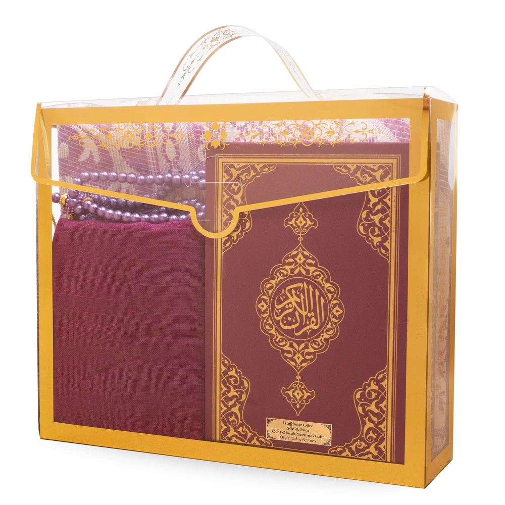 Şal + Seccade + Tesbih + Kuran Hediye Seti (Çanta Boy, Asetat Çanta, Mor)