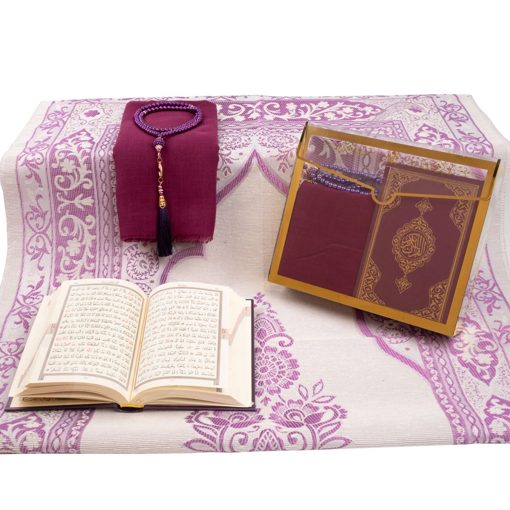 Şal + Seccade + Tesbih + Kuran Hediye Seti (Çanta Boy, Asetat Çanta, Mor)