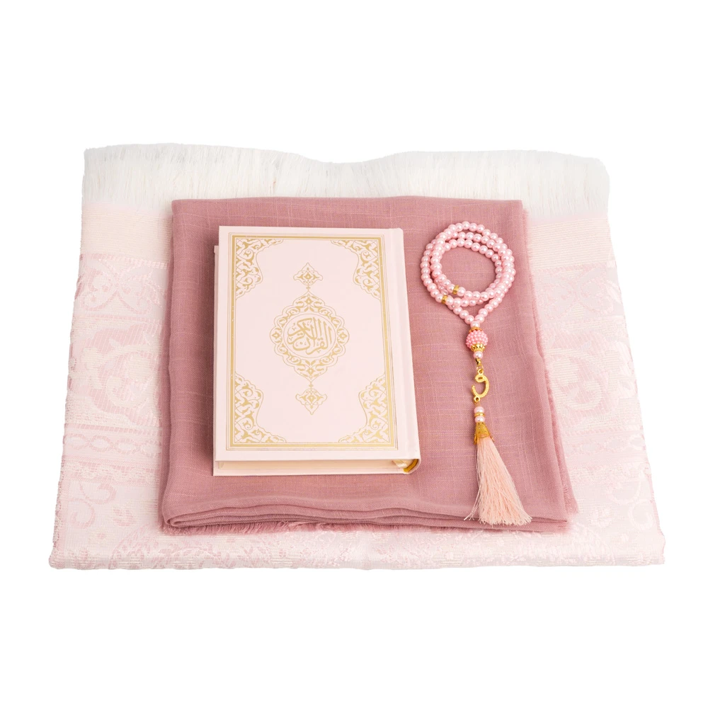 Şal + Seccade + Tesbih + Kuran Hediye Seti (Çanta Boy, Asetat Çanta, Pembe)