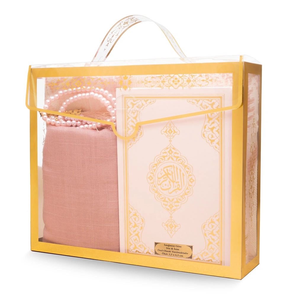 Şal + Seccade + Tesbih + Kuran Hediye Seti (Çanta Boy, Asetat Çanta, Pembe)