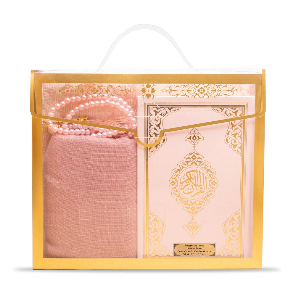 Şal + Seccade + Tesbih + Kuran Hediye Seti (Çanta Boy, Asetat Çanta, Pembe)