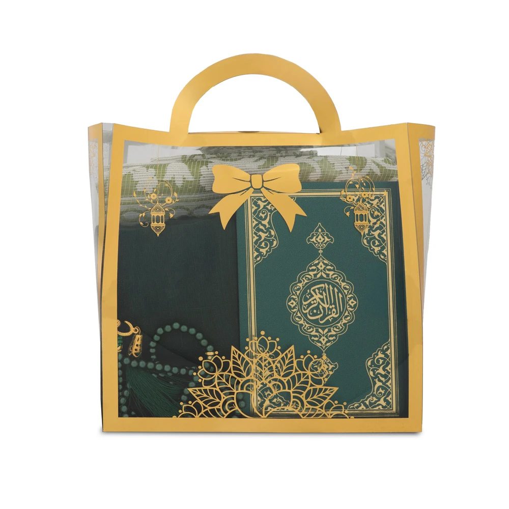 Şal + Seccade + Tesbih + Kuran Hediye Seti (Çanta Boy, Asetat Çanta, Yeşil)