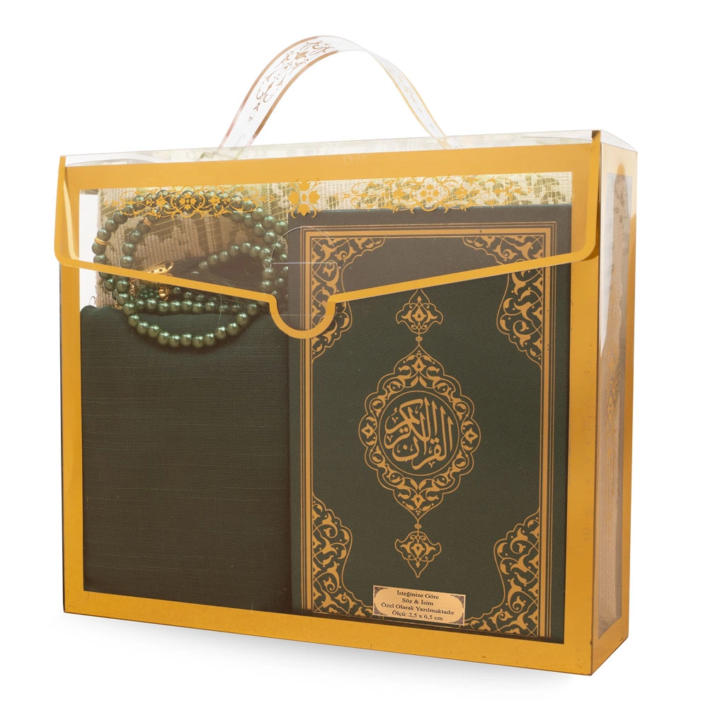 Şal + Seccade + Tesbih + Kuran Hediye Seti (Çanta Boy, Asetat Çanta, Yeşil)