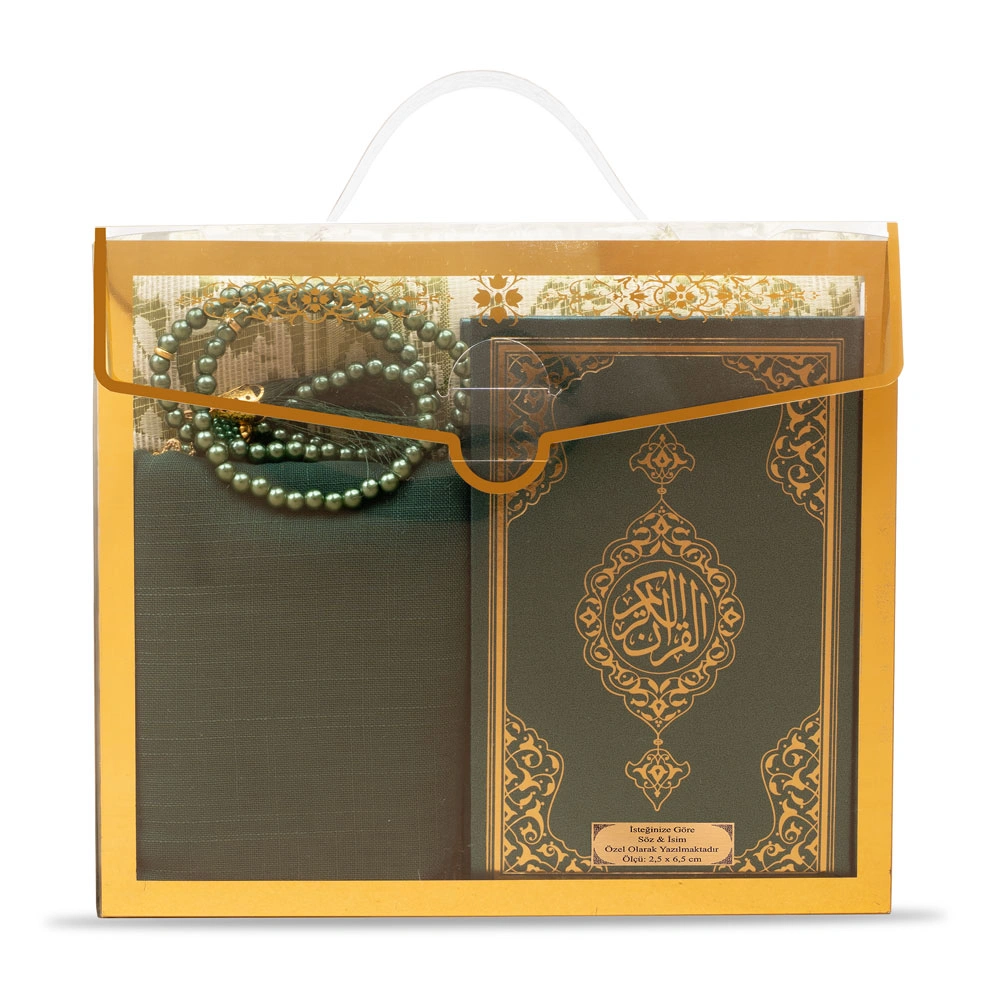 Şal + Seccade + Tesbih + Kuran Hediye Seti (Çanta Boy, Asetat Çanta, Yeşil)