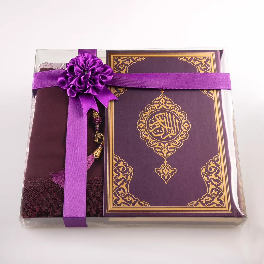 HAYRAT NEŞRİYAT - Şal + Seccade + Tesbih + Kuran Hediye Seti (Çanta Boy, Ekonomik Cilt, Mor)