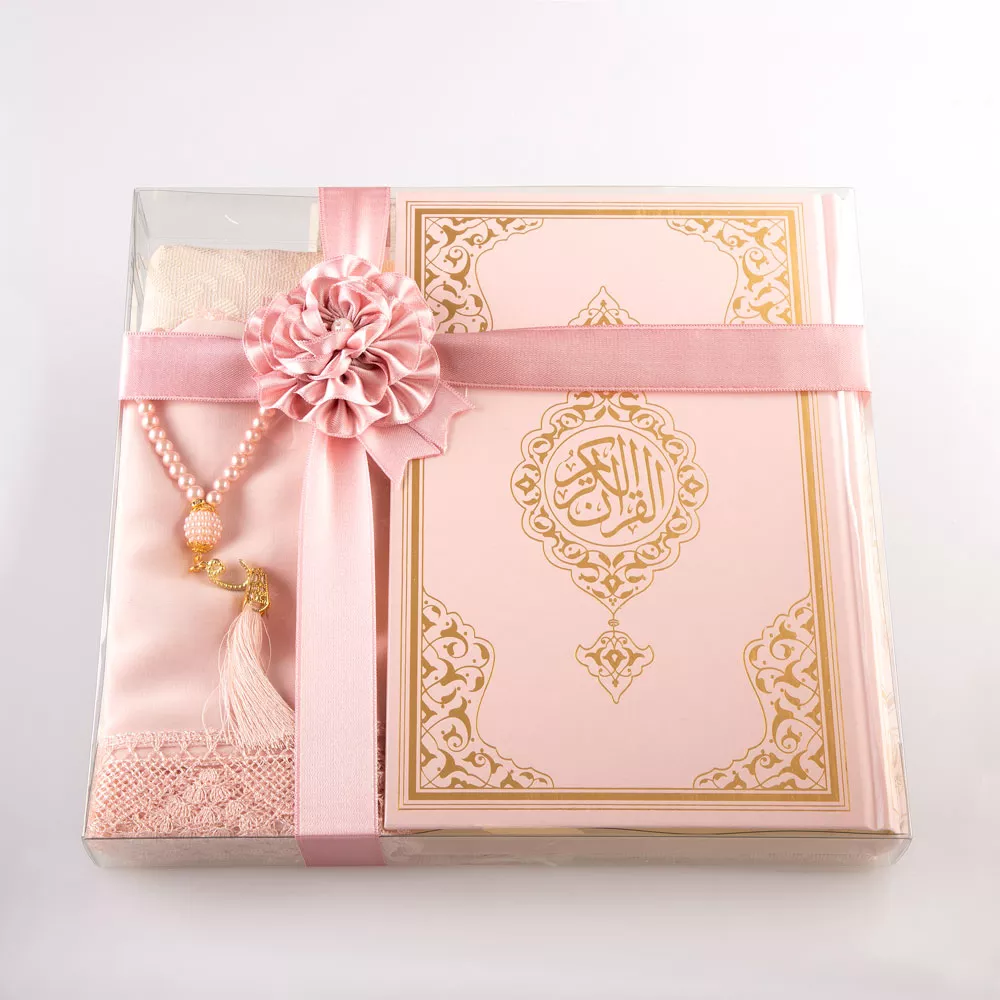 HAYRAT NEŞRİYAT - Şal + Seccade + Tesbih + Kuran Hediye Seti (Çanta Boy, Ekonomik Cilt, Pembe)