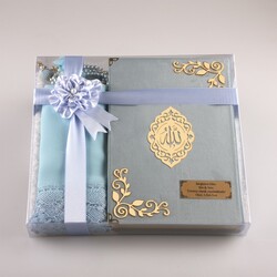 HAYRAT NEŞRİYAT - Şal + Seccade + Tesbih + Kuran Hediye Seti (Çanta Boy, Kadife, Açık Mavi, Lafzatullah)