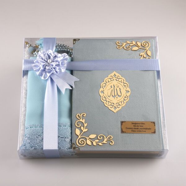 Şal + Seccade + Tesbih + Kuran Hediye Seti (Çanta Boy, Kadife, Açık Mavi, Lafzatullah)