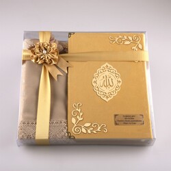 HAYRAT NEŞRİYAT - Şal + Seccade + Tesbih + Kuran Hediye Seti (Çanta Boy, Kadife, Gold, Lafzatullah) 