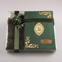 HAYRAT NEŞRİYAT - Şal + Seccade + Tesbih + Kuran Hediye Seti (Çanta Boy, Kadife, Zeytin Yeşili, Lafzatullah)