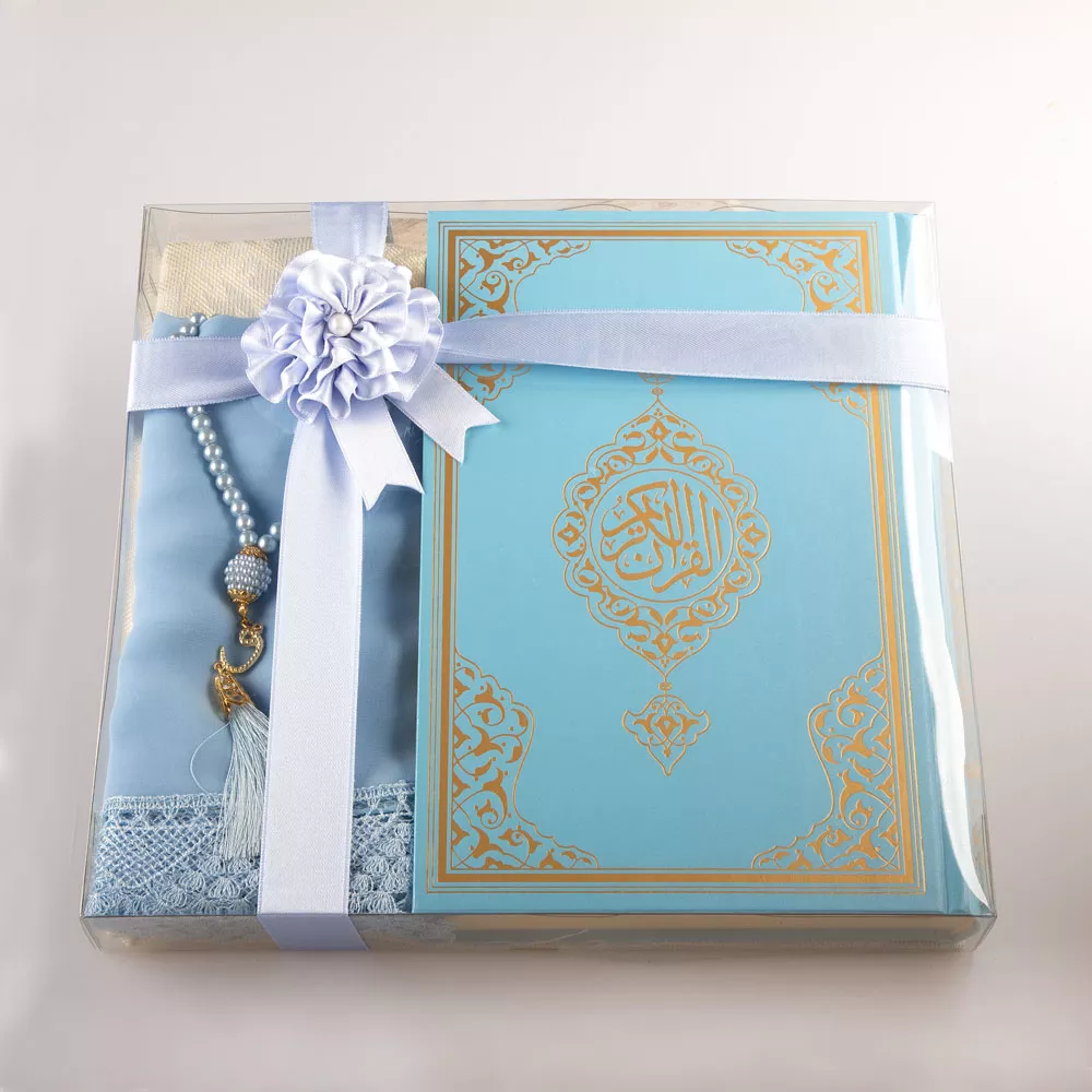 HAYRAT NEŞRİYAT - Şal + Seccade + Tesbih + Kuran Hediye Seti (Orta Boy, Ekonomik Cilt, Açık Mavi)