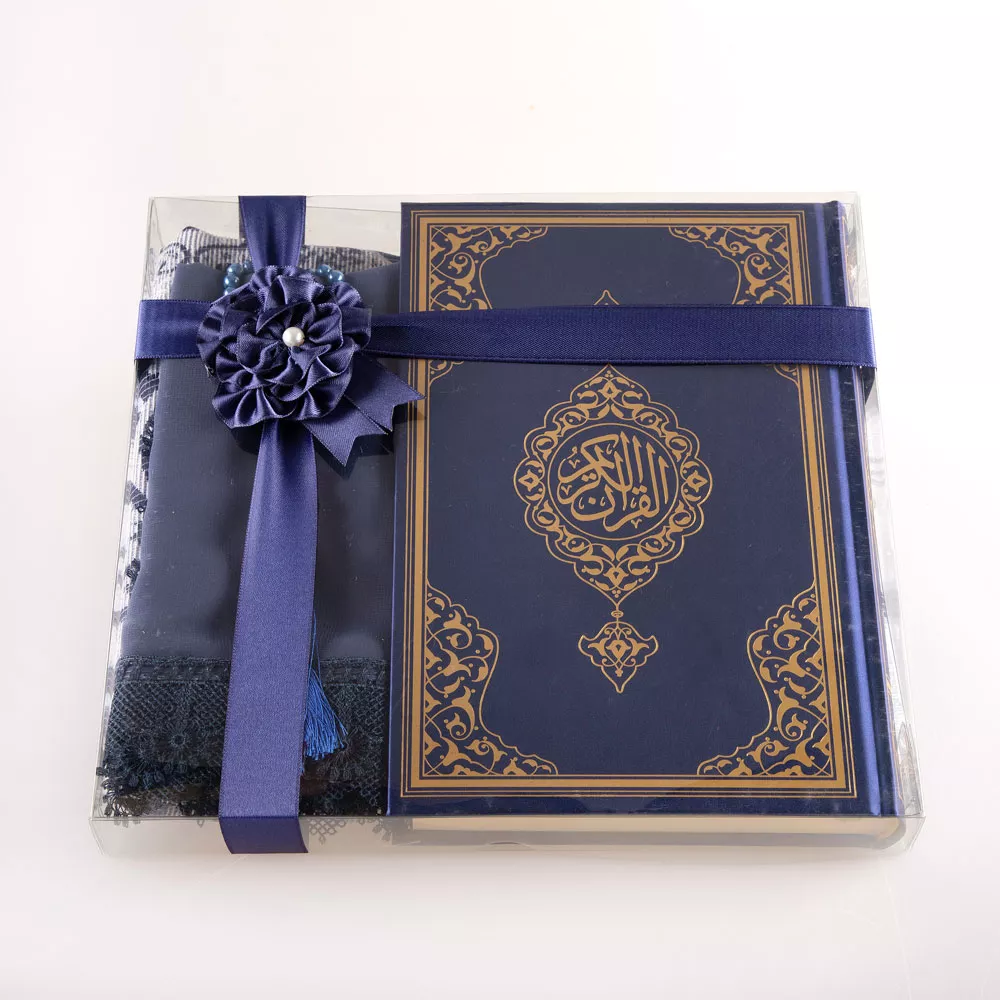 HAYRAT NEŞRİYAT - Şal + Seccade + Tesbih + Kuran Hediye Seti (Orta Boy, Ekonomik Cilt, Lacivert)