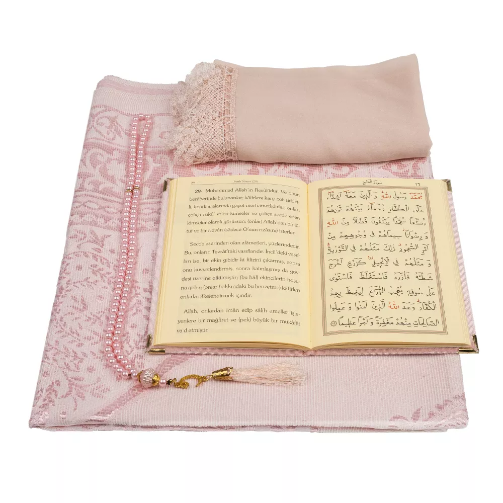Şal + Seccade + Tesbih + Yasin Hediye Seti (Çanta Boy, ElifVav, Raşel Cilt, Bebe Pembe) 
