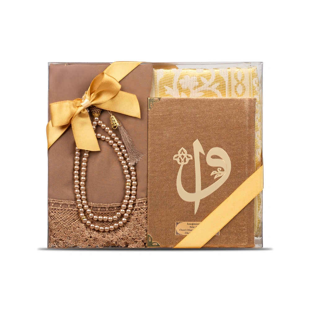 Şal + Seccade + Tesbih + Yasin Hediye Seti (Çanta Boy, ElifVav, Raşel Cilt, Gold) 
