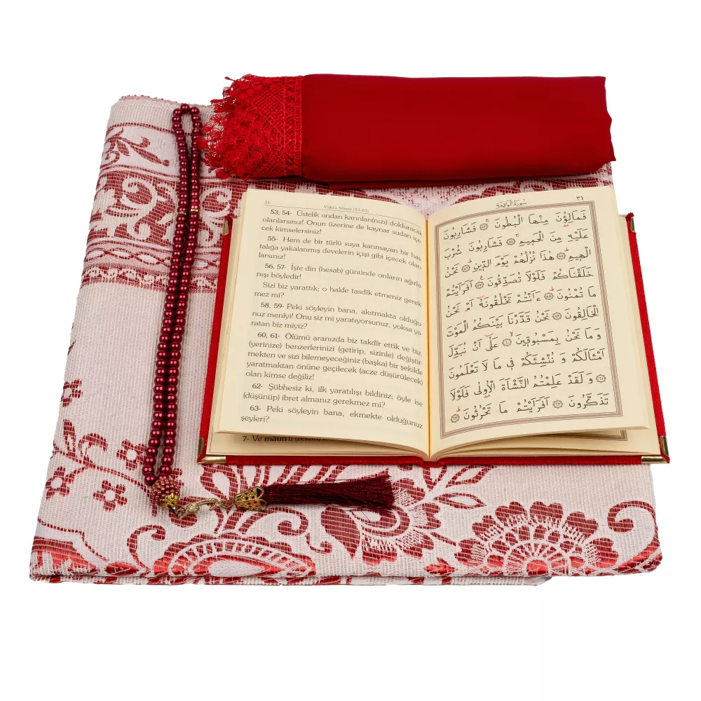 Şal + Seccade + Tesbih + Yasin Hediye Seti (Çanta Boy, ElifVav, Raşel Cilt, Kırmızı) 