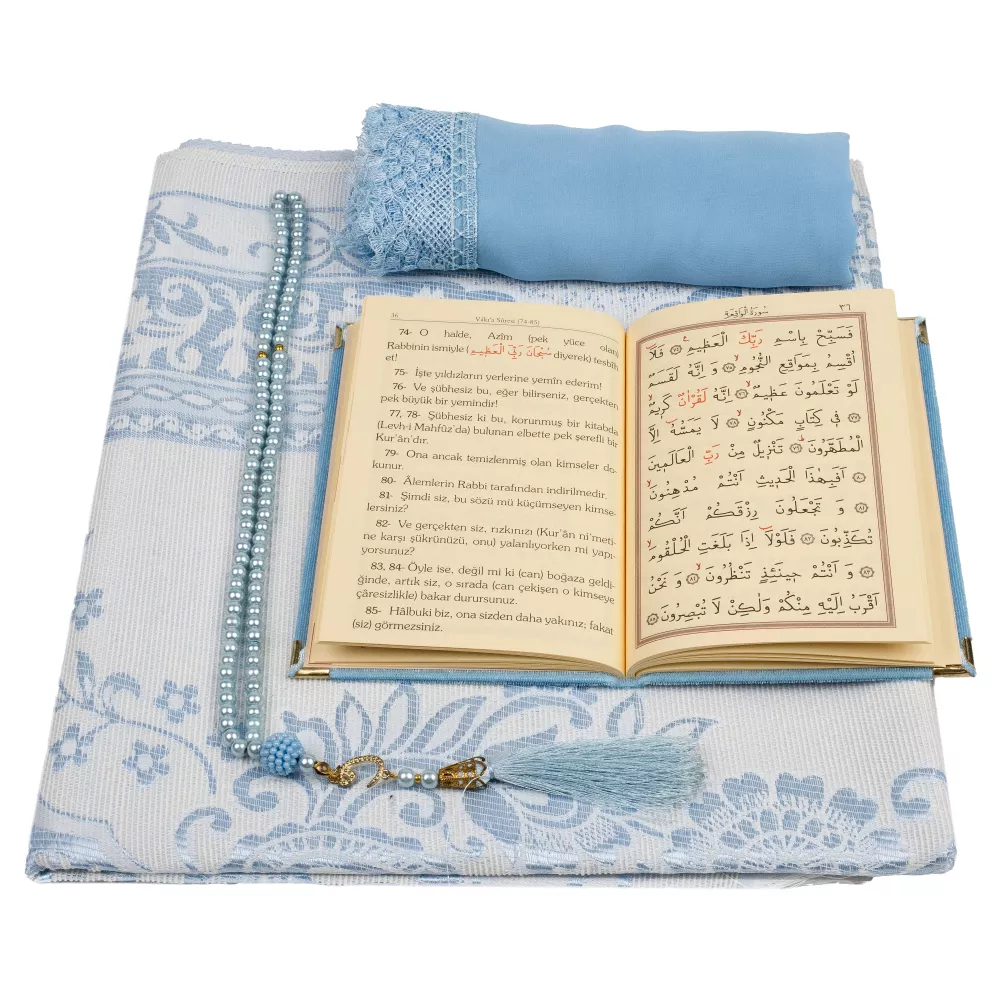 Şal + Seccade + Tesbih + Yasin Hediye Seti (Çanta Boy, Şems Lafzatullah, Raşel Cilt, Bebe Mavi) 