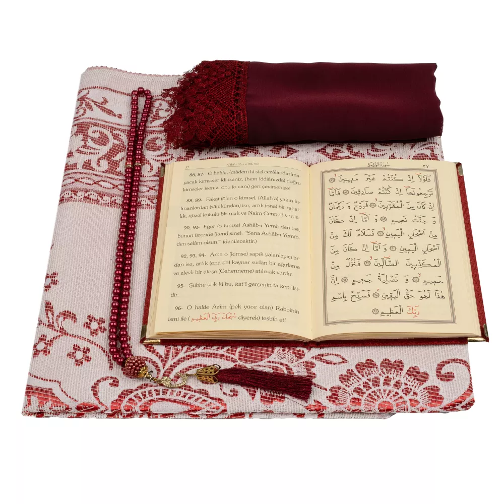 Şal + Seccade + Tesbih + Yasin Hediye Seti (Çanta Boy, Şems Lafzatullah, Raşel Cilt, Bordo) 