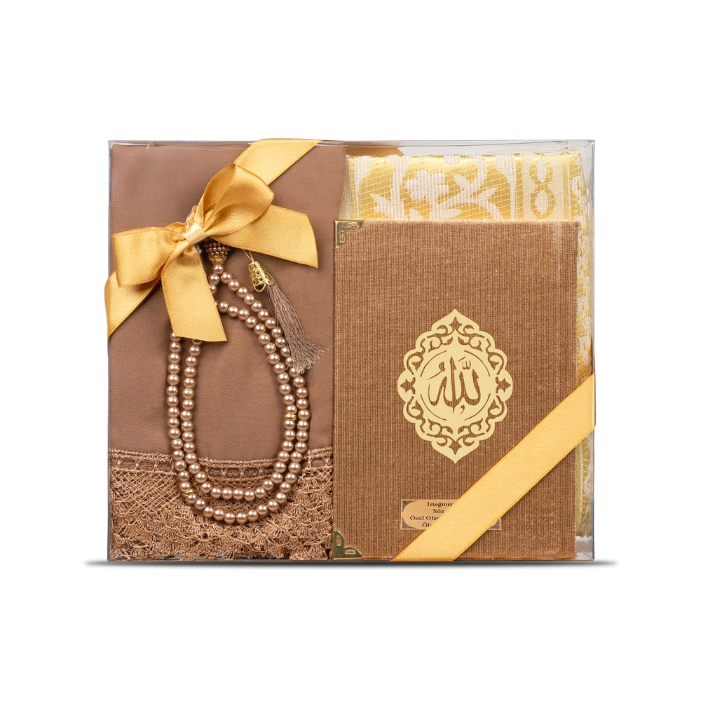 Şal + Seccade + Tesbih + Yasin Hediye Seti (Çanta Boy, Şems Lafzatullah, Raşel Cilt, Gold) 