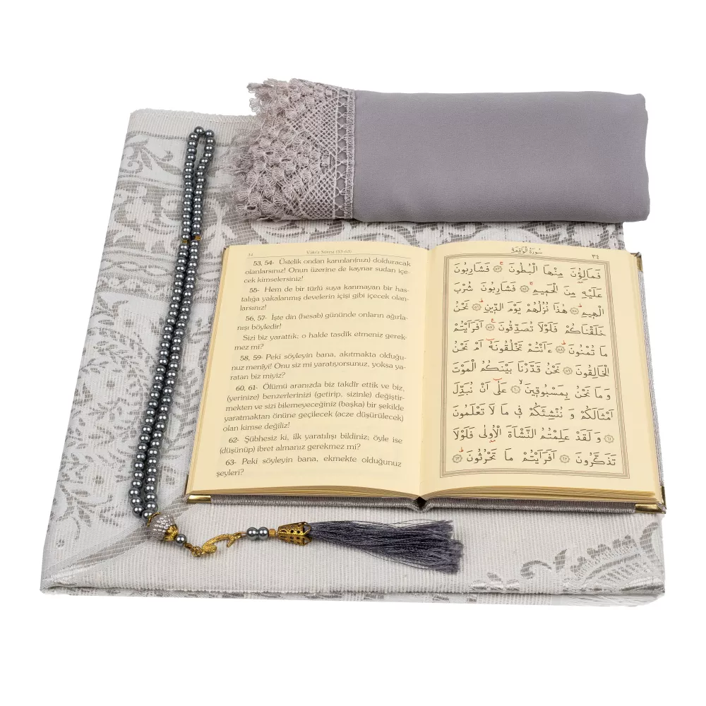 Şal + Seccade + Tesbih + Yasin Hediye Seti (Çanta Boy, Şems Lafzatullah, Raşel Cilt, Gri) 