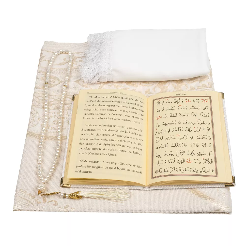 Şal + Seccade + Tesbih + Yasin Hediye Seti (Çanta Boy, Şems Lafzatullah, Raşel Cilt, Krem) 