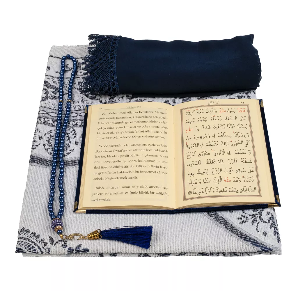 Şal + Seccade + Tesbih + Yasin Hediye Seti (Çanta Boy, Şems Lafzatullah, Raşel Cilt, Lacivert) 