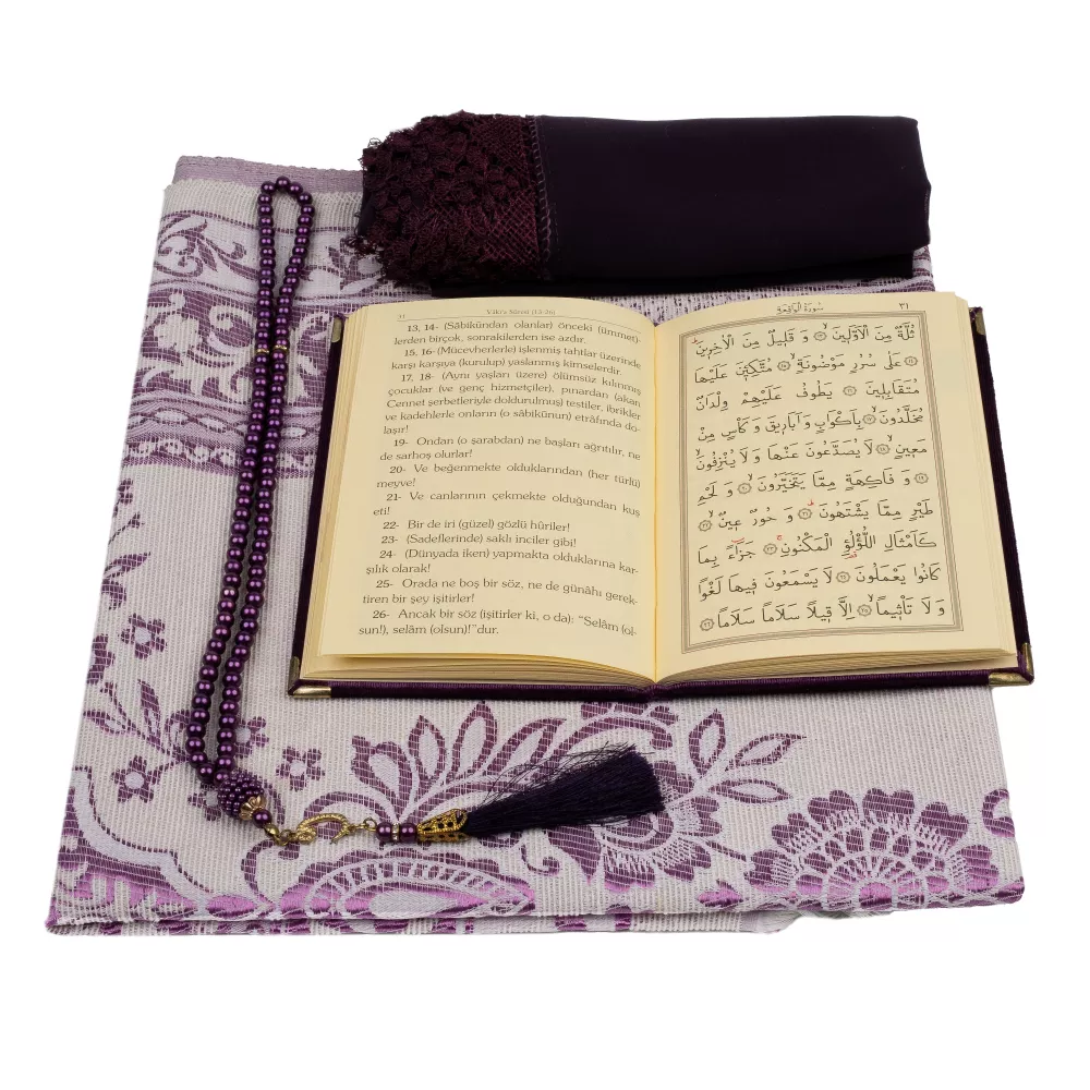 Şal + Seccade + Tesbih + Yasin Hediye Seti (Çanta Boy, Şems Lafzatullah, Raşel Cilt, Mor) 