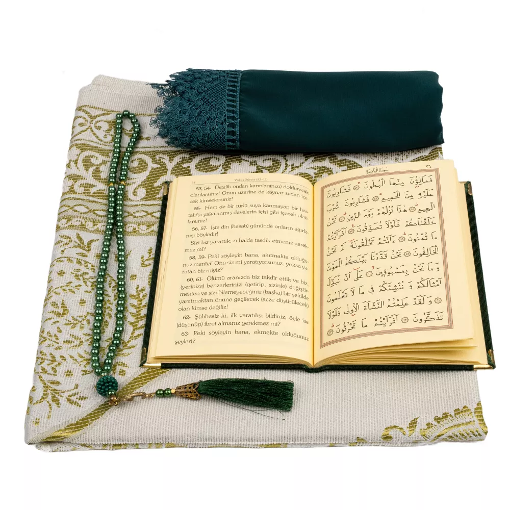Şal + Seccade + Tesbih + Yasin Hediye Seti (Çanta Boy, Şems Lafzatullah, Raşel Cilt, Yeşil) 