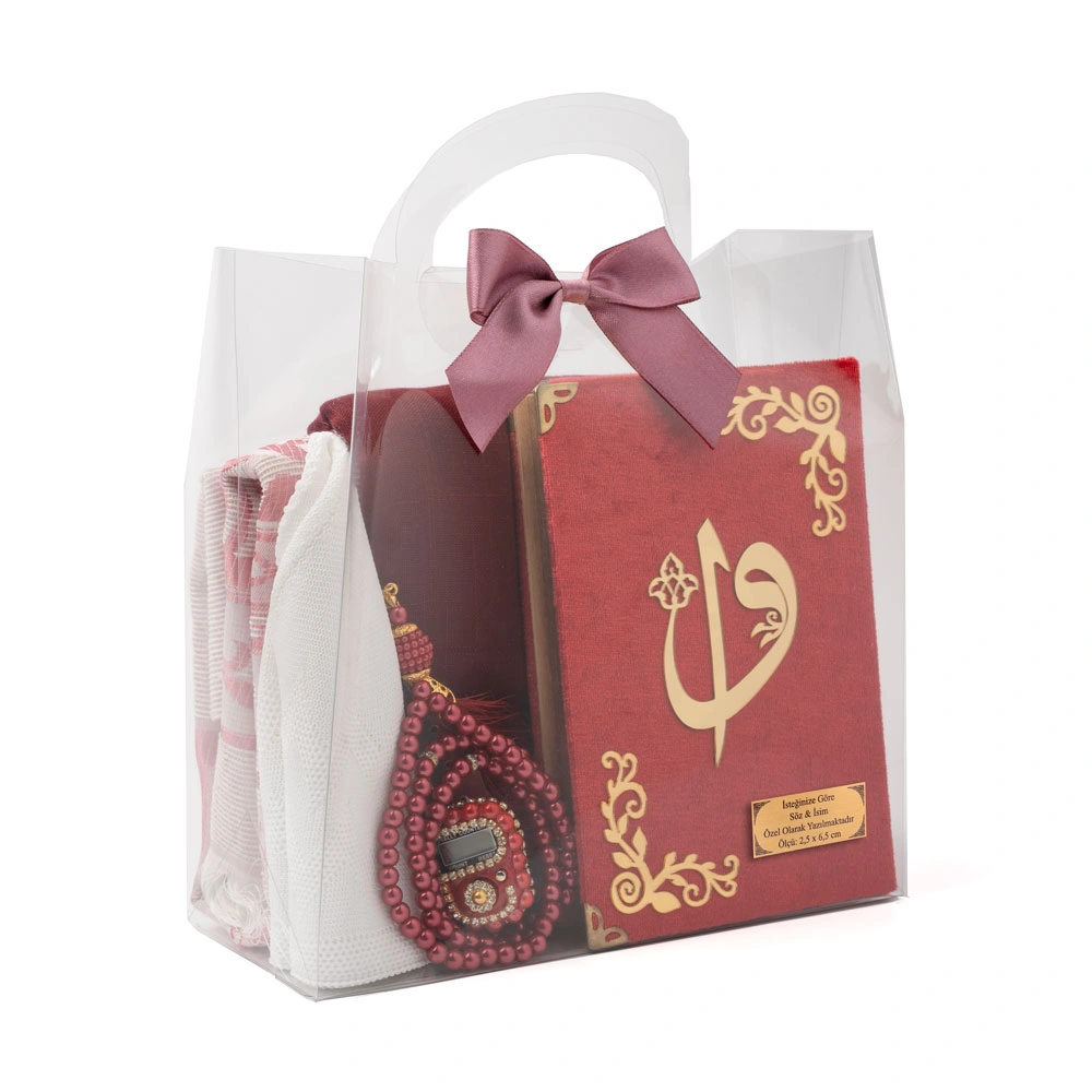 Şal + Takke + Seccade + Tesbih + Zikirmatik + Kuran Hediye Seti (Çanta Boy, Bordo) - Thumbnail