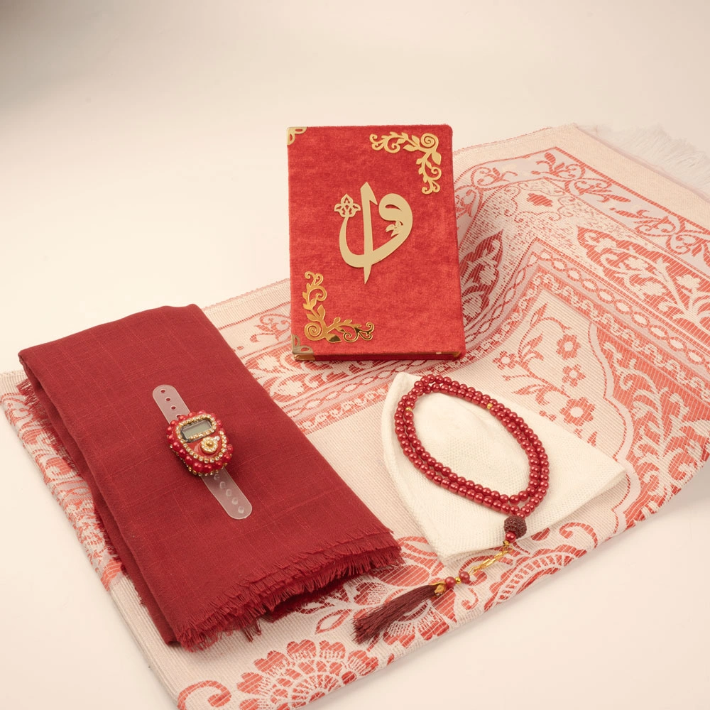 Şal + Takke + Seccade + Tesbih + Zikirmatik + Kuran Hediye Seti (Çanta Boy, Bordo)