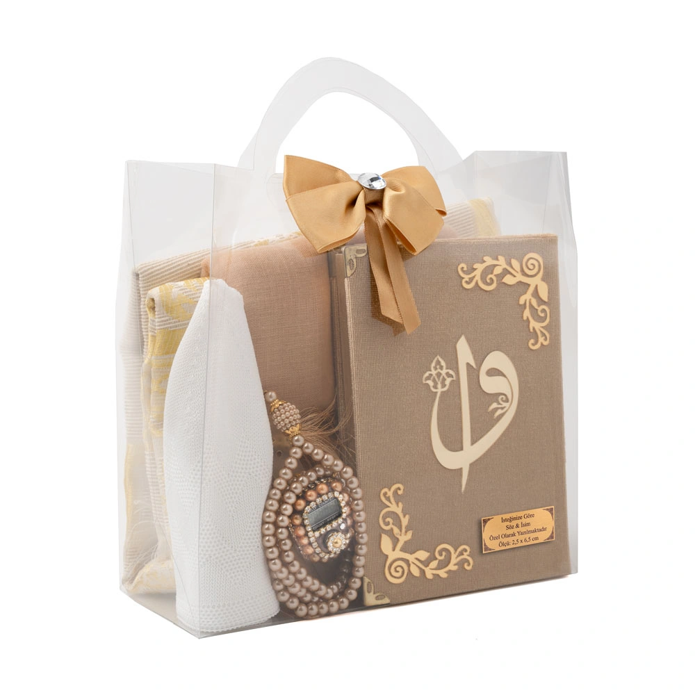 Şal + Takke + Seccade + Tesbih + Zikirmatik + Kuran Hediye Seti (Çanta Boy, Gold)