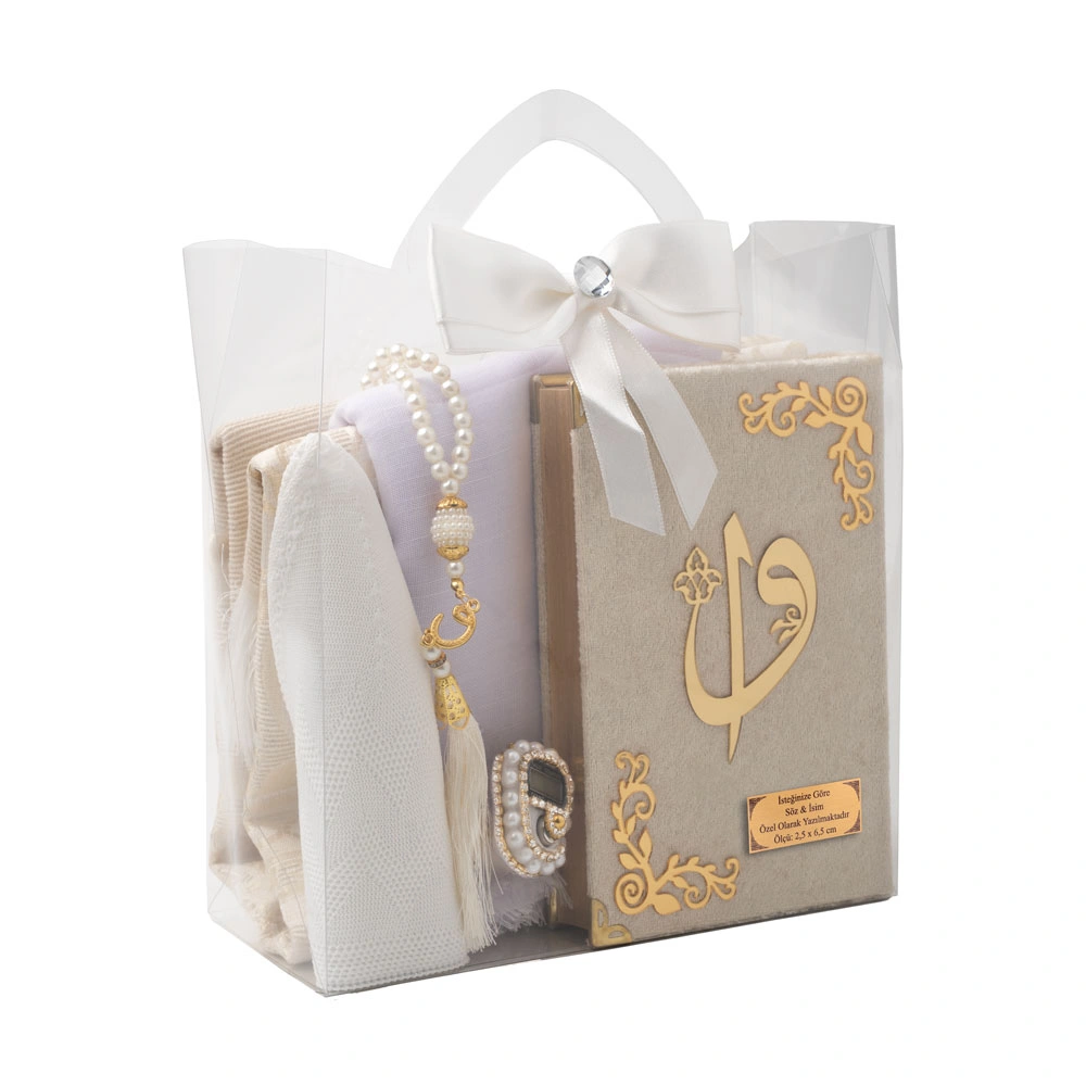 HAYRAT NEŞRİYAT - Şal + Takke + Seccade + Tesbih + Zikirmatik + Kuran Hediye Seti (Çanta Boy, Krem)