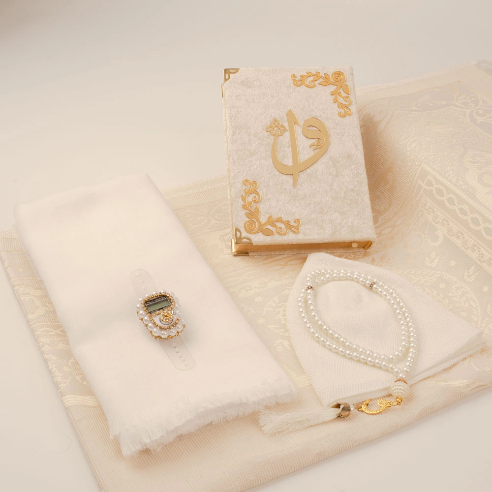 Şal + Takke + Seccade + Tesbih + Zikirmatik + Kuran Hediye Seti (Çanta Boy, Krem) - Thumbnail
